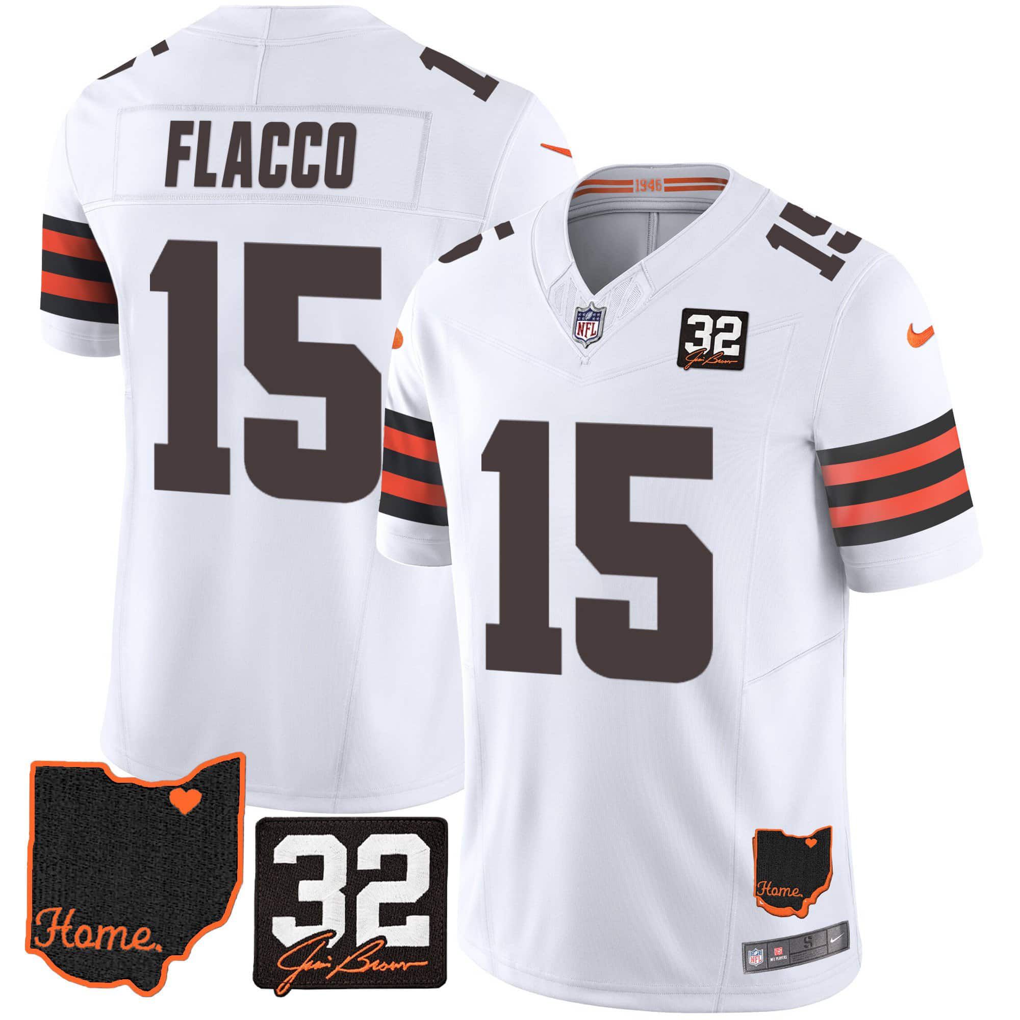 Men Cleveland Browns #15 Flacco White Memorial Home Patch 2024 Nike NFL Jersey